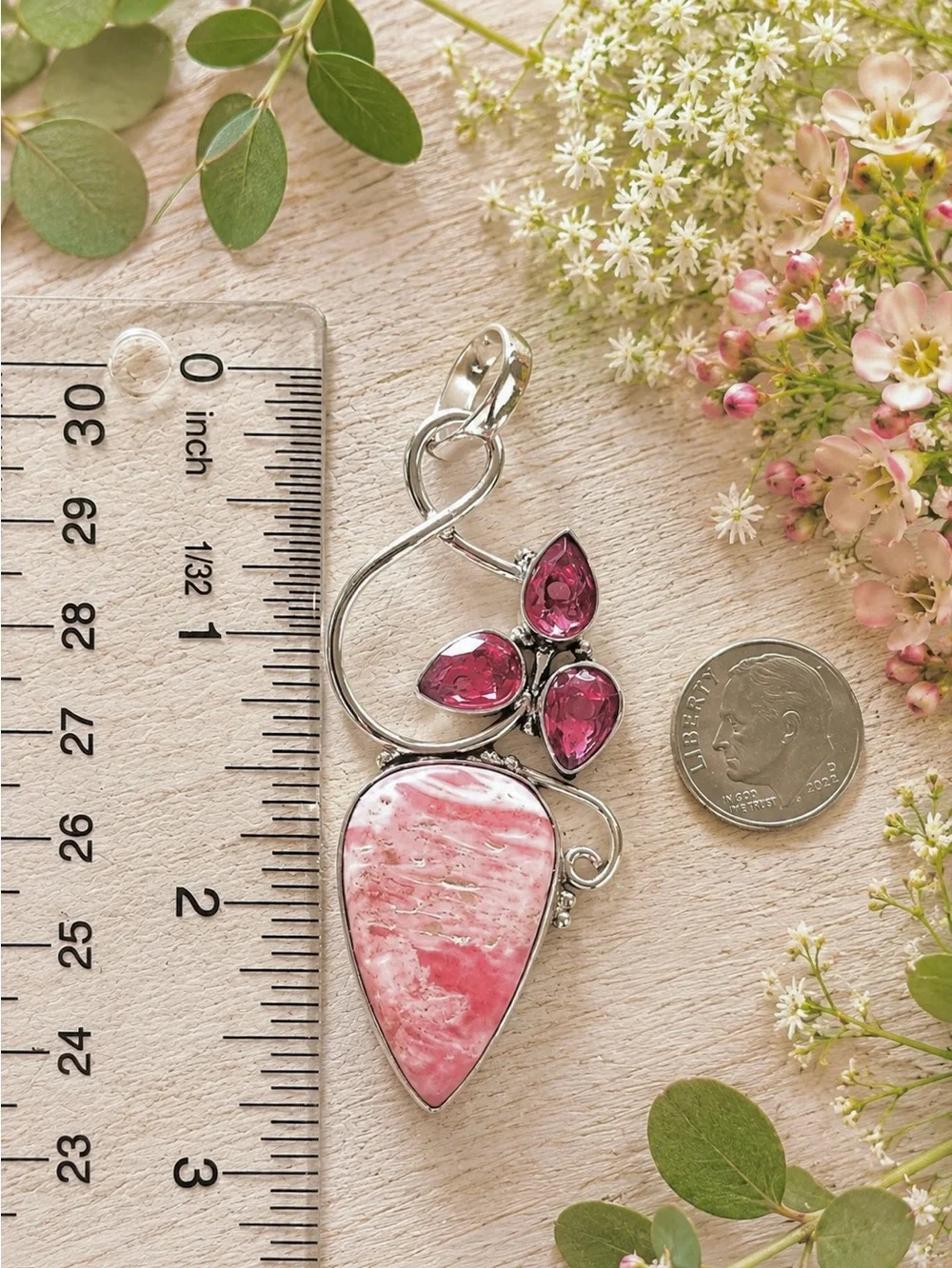 Rhodochrosite & Pink Topaz Gemstone 2.8” Sterling Silver Pendant - Picture 4 of 5